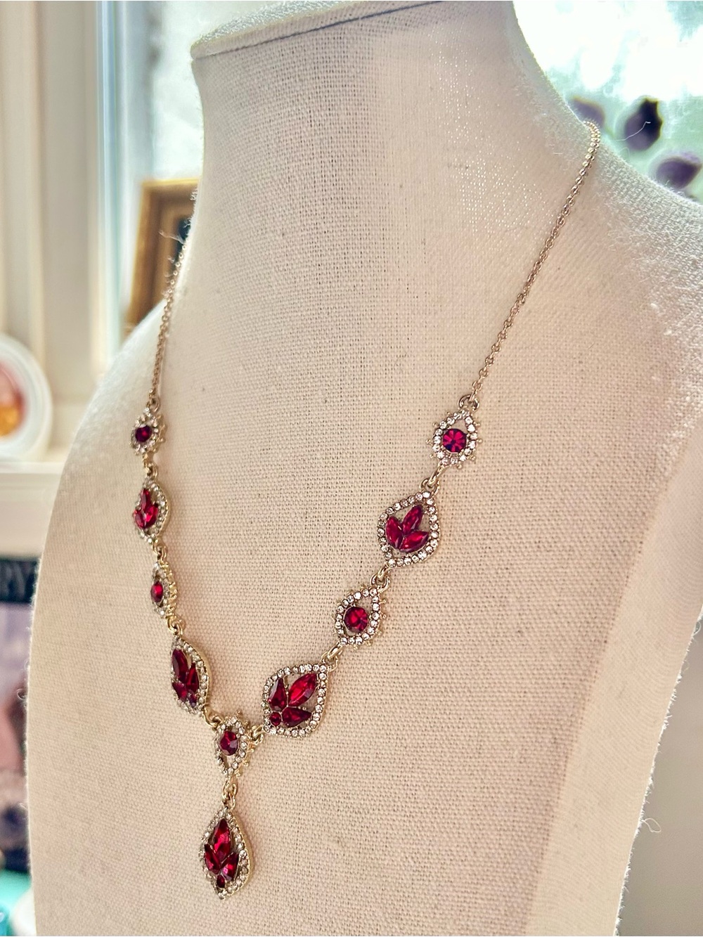 Marchesa “Poise” Y Drop Necklace Ruby Red - Picture 7 of 10
